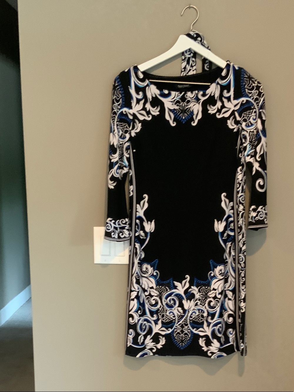 White House Black Market Black Dress with Blue & White Scroll Print